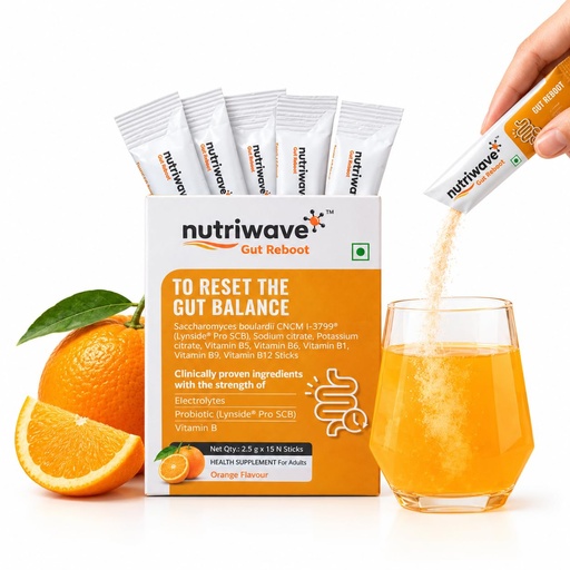 [BRSRGGD7DMPR4YDP] Gut Reboot Sachets for Gut Health & Digestion | Reduce Bloating, Gas, Indigestion & Upset Stomach | Probiotics, Vitamin B Complex & Electrolytes | Orange Flavour, 15 x 2.5g Powder Sachets