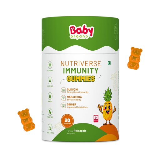 [BRSRAHY6BECGYCA2] BabyOrgano Ayurvedic Immunity Gummies for Kids 2+ Yrs | 95% Curcumin Amla Guduchi Giloy & Manjistha | Immunity Booster | Gelatin & Gluten Free | FSSAI Approved | Pineapple Flavour | 30 Gummies