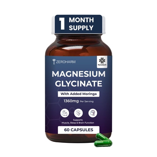 [BRSRAYA3BEJQ2A3F] ZEROHARM Magnesium Glycinate Supplement | Plant-based Nano Magnesium Supplement with Moringa | Supports Muscle, Sleep & Brain Function | High Strength 1360mg (132mg Elemental) | 60 Veg Capsules