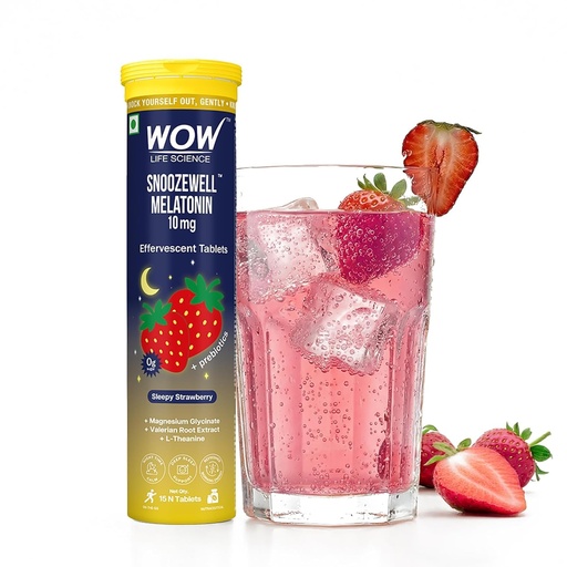 [BRSRGBI3O4AR6H3F] WOW Life Science Snoozewell Melatonin 10 mg Effervescent Tablets | Night-Time Sleep Drink with Magnesium Glycinate, Valerian & L-Theanine | Zero Sugar Gentle Sleep Support, Calm Mind & Deep Rest | Sleepy Strawberry | 15 Tablets