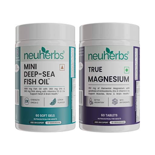 [BRSREYATOIFBAE35] Neuherbs Mini Deep Sea Omega 3 Fish Oil (60 Capsules) & True Magnesium Glycinate Supplement (60 Tablets) | For Heart, Brain, Muscle & Better Sleep Quality | With Vitamin C, E & D3, Combo Pack