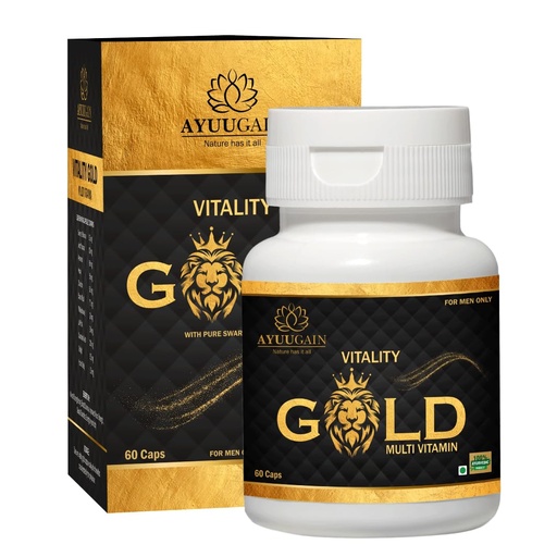[BRSW2FQQDMIRADI3] AYUUGAIN Vitality Gold Capsule for Men with Swarna Bhasma, Shilajeet, Safed Musli, Akarkara, Makardhwaj, Jund Bedastar, Konch Beej| Overall Health Booster Ayurvedic Stamina Supplement for Men -60Caps