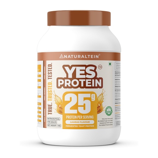 [BRSRYFQ5A4IQICL5] Naturaltein YES Protein 1kg | Fermented Yeast Vegan Protein Powder | Aamras Flavour | 25g Protein & 5.08g BCAA Per Serving | No Added Sugar | Naturally Sweetened | Digestive Enzymes | Heavy Metal Tested | 28 Servings