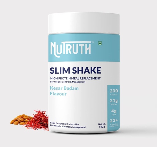 [BRSRMZ36A56BADQU] High Protein Meal Replacement Kesar Badam Flavoured Slim Shake | 21 Gm Protein/Serving | Weight Control & Management Protein Shake (500 Gm)