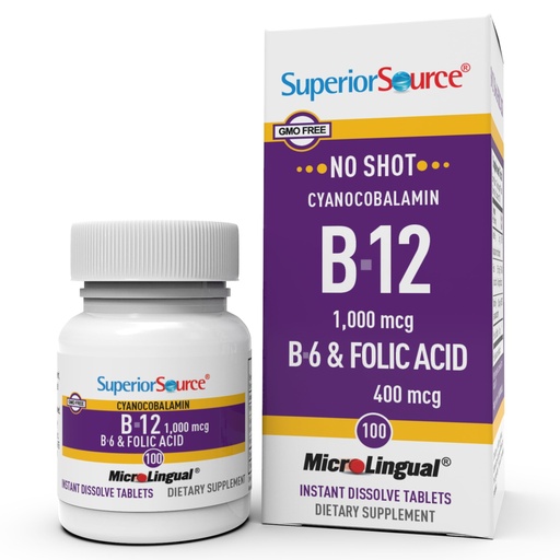 [BRSWIYIICEBBK2LM] Superior Source No Shot Vitamin B-12 Cyanocobalamin 1000 mcg, B-6, Folic Acid 400 mcg - Support Brain & Heart Health - Aids Natural Energy Levels - 100 Sublingual Dissolving Tablets