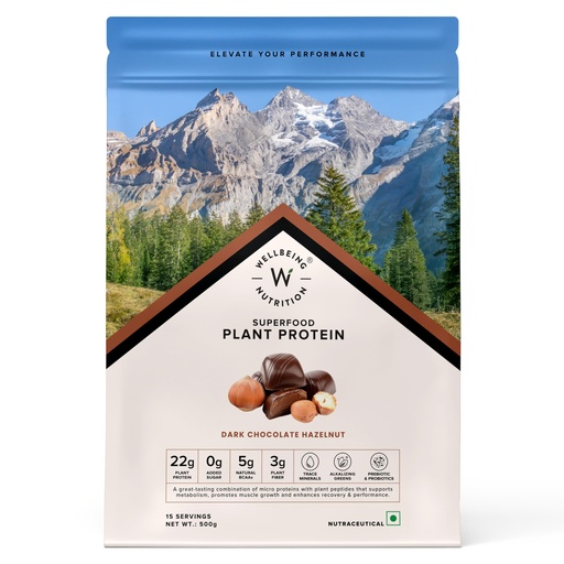 [BRSREYDYBMCGCDLA] Wellbeing Nutrition Organic Vegan Plant Protein Isolate | 22g Protein, 5g BCAA, 3B CFU Probiotics, Enzymes, 3g Fiber, 5 Alkalizing Greens | NO Bloating, Easy to Digest | Dark Chocolate Hazelnut 500gm