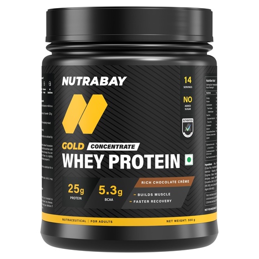 [BRSW223QBUMW2HLP] Nutrabay Gold Whey Protein Concentrate with Digestive Enzymes 25g Protein, 5.3g BCAA, 3.9g Glutamic Acid – Muscle Support & Recovery – 500g, Rich Chocolate Crème | Trustified Certified 100% Authentic