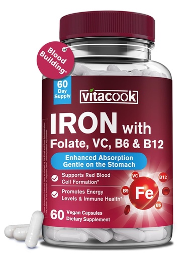 [BRSRAHQPCICW2F3V] Iron Supplement for Women & Men, Iron Bisglycinate with Vitamin C, B6, B12, Folate, Stomach Friendly, Non-Constipating, Blood Health & Energy Boost, 60 Vegan Caps