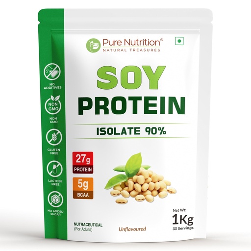 [BRSRABQ5ORYGEEQU] Pure Nutrition Soy Protein Isolate Powder | 90% Soy Protein Isolate with 27g Protein per Serving | Plant Based Vegan Protein Powder for Muscle Growth, Recovery & Weight Management | Low Carb Gluten Free Soya Protein Powder for Men & Women - 1kg Unflavoured