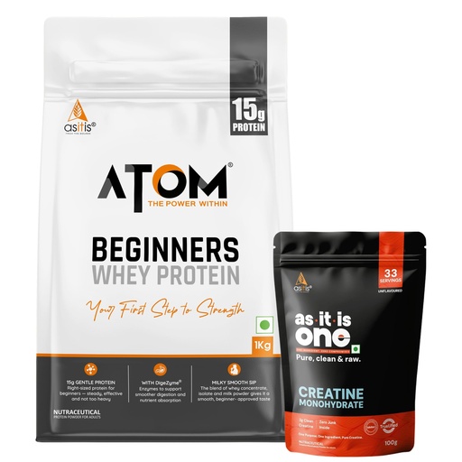 [BRSRAGQ3BENA4CLJ] AS-IT-IS ATOM Beginners Whey Choco Hazel Fusion 1kg+ AS-IT-IS Creatine 100g (Combo Pack)