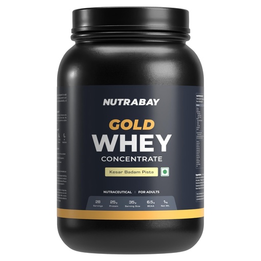 [BRSROHAYOINRS2QZ] Nutrabay Gold Whey Protein Concentrate with Digestive Enzymes & Vitamin Minerals 25g Protein – Muscle Support & Recovery – 1kg, Kesar Badam Pista | Trustified Certified Authentic