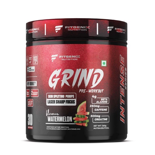 [BRSROA3ROYIQEETH] Grind Pre Workout | 360gm | 30 Servings | 250mg Caffeine | 250mg Theanine | 4000mg Beta Alanine | 3250mg Citrulline | Hyper Pump | Enhanced Strength (Watermelon)