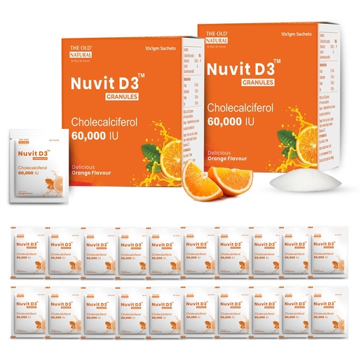 [BRSREBQOOIDQEC35] The Old Natural Nuvit D3 Granules 60000 IU | Vitamin D3 Cholecalciferol Sachets, Orange Flavour | 10 Sachets (10 x 1g) | Pack of 2