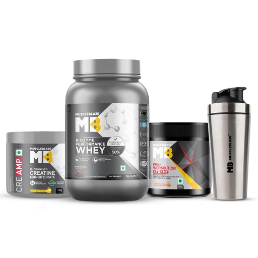 [BRSRYGL6DEHGAYDB] MuscleBlaze Biozyme Whey 1kg + Pre Workout 100g + Creatine 120g + Shaker