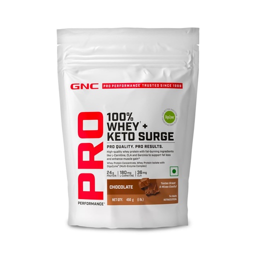 [BRSREED2A4DRGGQY] GNC 100% Whey + Keto Surge | India’s First Fat-Burning Whey | 24g Protein | 180mg L-Carnitine, 36mg CLA for Lean Muscle & Fat Burn | Zero Added Sugar | Gluten-Free | Chocolate Flavor | 1lbs