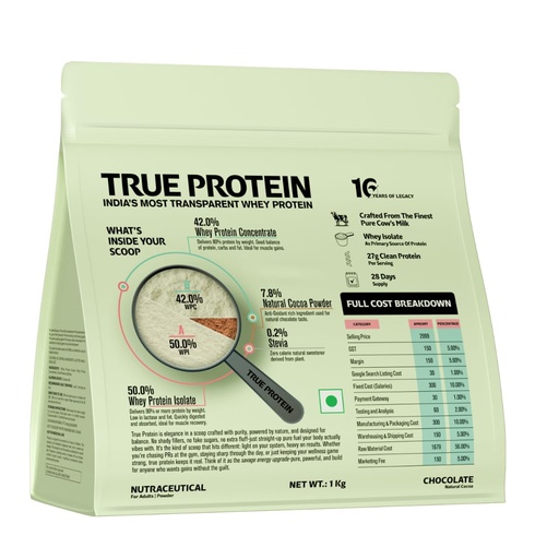 [BRSRYZD3BMHW2ADZ] True Protein Clean Whey Protein Isolate & Concentrate [Natural Chocolate,1kg] | 27g Protein | 4 Natural Ingredients Only | No Added Flavours | No Artificial Sweeteners | Light & Gut Friendly | Lab Tested