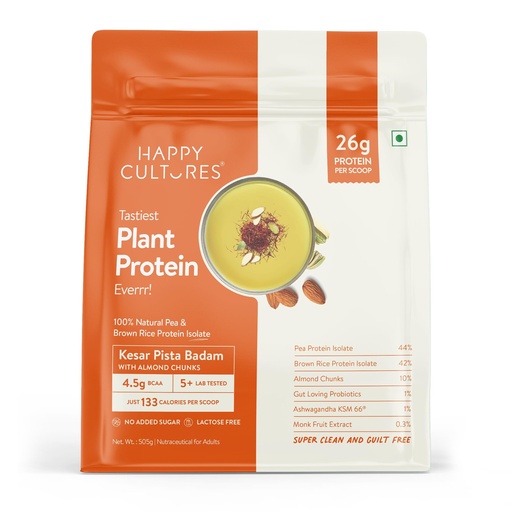 [BRSREYY5BZ4BQCDJ] Happy Cultures 26g Tastiest Plant Protein| Kesar Badam Pista | Pea & Brown Rice Protein Isolate| No Added Sugar| Vegan| 20 Complete Amino Acids| Monk Fruit Extract| Women & Men| No Bloating, Easy to Digest| Dairy Free with Probiotics- 505g, Kesar Pista
