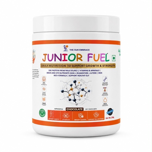 [BRSRYFL4BACROFAZ] Sun Embrace Junior Fuel Kids Protein Nutritional Super Powder | 10g Protein with DHA, Vitamins & Minerals | Chocolate Flavour | With Almonds, Walnuts, Dates, Ragi & Bajra | For Kids 7+ Years | 200g