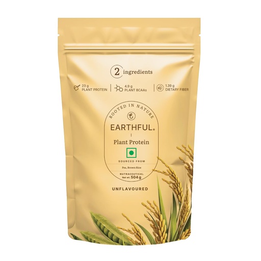 [BRSRAAQROQCB6HI4] Earthful Honest Plant Protein | 24g Protein/Serving & 4.9g BCAAs | For Weight Management, Energy, Muscle Support & Recovery | Made with Pea & Brown Rice | Unflavoured - 504g