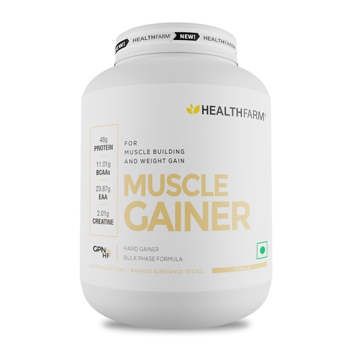 [BRSROH32BVYAK3TX] Healthfarm Muscle Gainer with High Protein and Carbs | Helps Gain Muscle Mass & Body Weight (Vanilla, 3kg-6.6 lbs)
