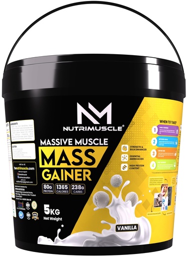 [BRSRABQZDMMQMHIV] Nutrimuscle Massive Muscle Mass Gainer Supplement Powder – 5kg | Vanilla Flavour | With Creatine, Complex Carbs & Protein | For Muscle, Mass & Strength Gain | Men & Women