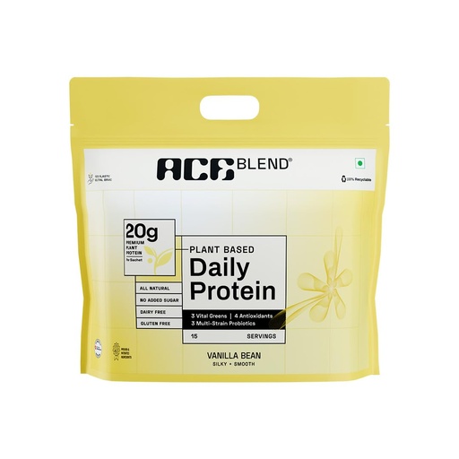 [BRSRMH32AEPAK3D4] Ace Blend Daily 20G Plant Protein (30 Servings)| Pea & Brown Rice Isolate | 3 Vital Greens 4 Antioxidants 3 Probiotics | Boosts Strength, Recovery & Fat Loss | For Men & Women | Vanilla Flavour, 960g