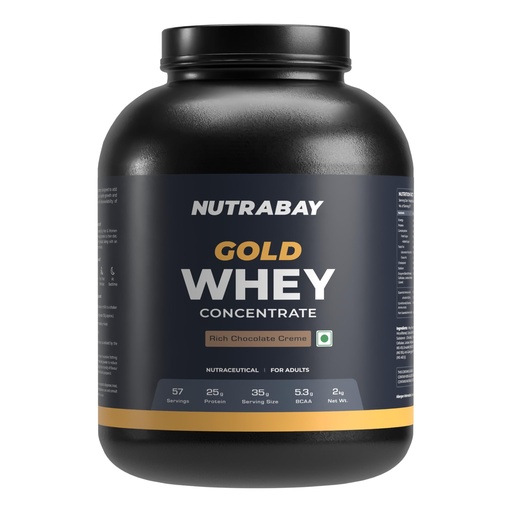 [BRSW223QCN5B6DI4] Nutrabay Gold Whey Protein Concentrate with Digestive Enzymes 25g Protein, 5.3g BCAA, 3.9g Glutamic Acid – Muscle Support & Recovery – 2kg, Rich Chocolate Crème | Trustified Certified Authentic