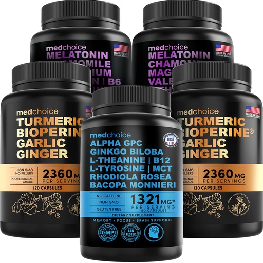 [BRSROGABCUJWGYLK] MEDCHOICE Turmeric & Ginger (240ct), Sleep Melatonin (180ct), and Nootropic Brain (60ct) Supplement Bundle - Wellness Trio for Brain, Sleep, & Immune Support - Vegan, Non-GMO, Gluten-Free