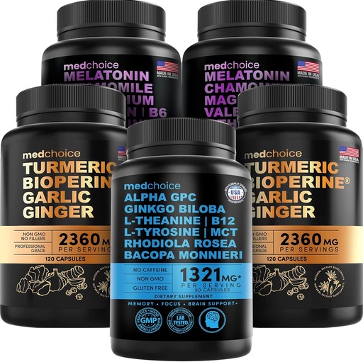 [BRSROGABCUJWGYLK] MEDCHOICE Turmerinis & imbieras (240ct), Miego melatoninas (180ct), ir Nootropinis smegenų (60ct) priedas Stumimas - sveikatingumo trio už smegenų, miego, & Imuninė parama - Vegan, Non- GMO, Glutenas
