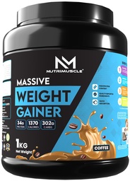Nutrimuscle Massive Weight Gainer Powder – 1 Kg | Coffee Flavour | Complex Carbs & Protein Blend for Healthy Weight & Muscle Mass Gain | Men & Women