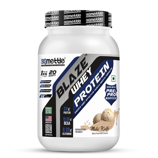[BRSRMAY3PMPQKHY6] Getmymettle Blaze Whey Protein 1kg Malai Kulfi : Build Muscle & Recover Faster with 24g Protein, 10.66g BCAA & 8.09g Glutamine, Proteolytic Enzymes