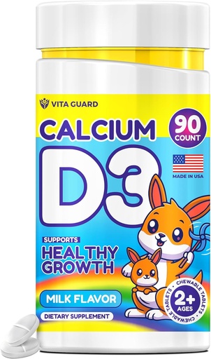 [BRSRAFD6OQFGODI4] Calcium D3 Chewable Tablets for Kids – 640 mg Calcium & 320 IU Vitamin D3 – Non-GMO, Milk Flavor – Bone & Teeth Support Supplement – 90 Tablets for Ages 2+