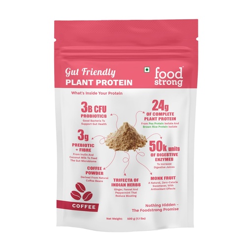 [BRSREGT6OUMQ2FDL] Foodstrong Gut Friendly Plant Protein - Coffee | 24g Complete Plant Protein with Probiotics, Digestive Enzymes, Prebiotics & Indian Herbs | Vegan | No Sugar | 500g