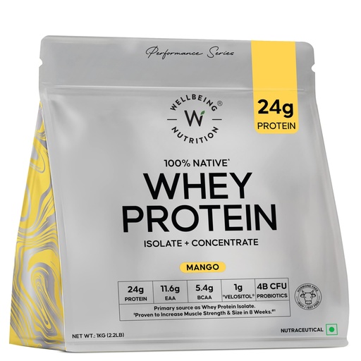 [BRSREYDQO4BRQDLF] Wellbeing Nutrition Clean Whey Protein Isolate & Concentrate 1Kg Mango | 24g Protein, Clinically Proven Velositol 2x Muscle Protein Synthesis, 4B CFU Probiotics & Digestive Enzymes, Easy to Digest