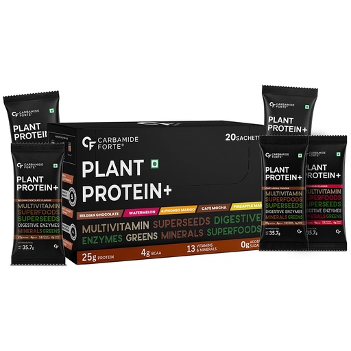[BRSRAZIEO4CGE2A4] Carbamide Forte Plant Protein Powder - Plant Based Protein Powder with Multivitamin, Minerals, Superfoods, Pea Protein Powder, Digestive Enzymes | 5 Flavors Plant Protein Powder For Men - Pack Of 20