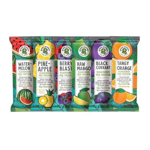 [BRSRAEAFCIHB6336] GREEN PROTEIN Plant Protein Isolate Powder Dairy, Gluten, Allergen, Soy Free Pineapple, Black Currant, Berry Blast, Mix Fruit, Raw Mango and Orange Flavor, 6 Flavors x 2 Sachets, Pack Of 12, 23g each
