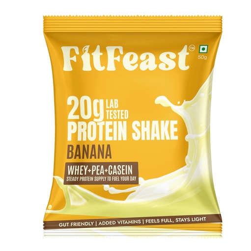 [BRSRGGTQCB4GKYDF] FitFeast Protein Shake Sachet - Pack of 7 | 20g Triple Blend Protein Per Serve| 45:35:20 Whey, Pea & Casein Blend | No Maltodextrin | 0 Added Sugar | As Seen on Shark Tank (Banana)