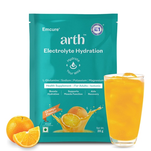 [BRSREYADOICG2E36] Arth Electrolyte Powder for Quick & Daily Hydration | With L-Glutamine, Potassium & Magnesium | Low Sodium Hydration Drink | Supports Muscle Recovery & Immunity | Orange Flavour | 20 Sachets