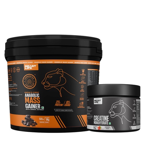 [BRSRY2YFCEMREHL7] BeastLife High Protein Mass/Weight Gainer 5 KG with Creatine Monohydrate 125g | Belgian Chocolate, Watermelon | For Muscle Gain & Fast Growth | Cereal-Based Formula, No Maltodextrin