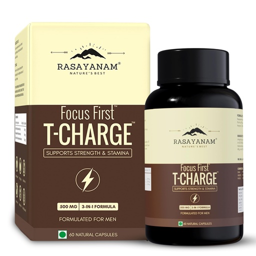[BRSREFAOCENAOETU] Rasayanam T-Charge Capsules (500mg) | 3-in-1 T - Levels Supplement for Men with Shilajit, Ashwagandha & Safed Musli | Supports Muscle Growth, Energy, Strength, Stamina & Performance - 60 Capsules