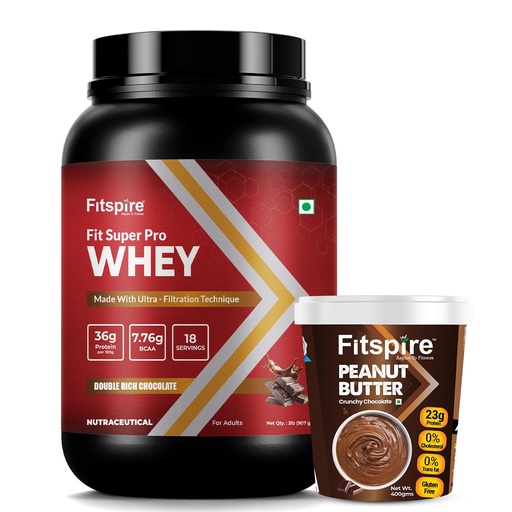 [BRSRA2QEOEIAMCI2] Fitspire Fit Super Pro Whey Protein Powder, Double Rich Chocolate, 2 lbs - 36g Protein per 100g - Whey Isolate & Concentrate - With Crunchy Chocolate Peanut Butter 23g Protein - Enzymes and Probiotics - Supports Muscle Growth and Recovery
