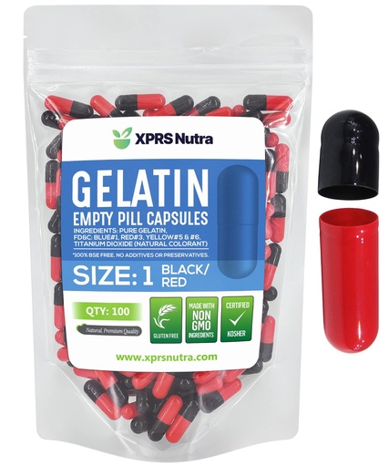 [BRSWYZL5OR4BGCY3] XPRS Nutra Size 1 Empty Capsules - 100 Count Colored Empty Gelatin Capsules - Pill DIY Supplement Capsule Filling - Fillable Color Gel Caps Pills for Do It Yourself Supplements (Black/Red)