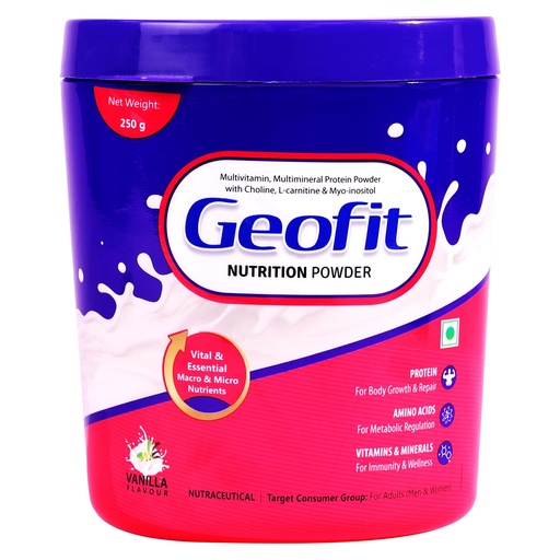 [BRSW2232AUHWGDI3] Geofit Vanilla Nutrition Powder - 250g | Power-Packed with Organic Ingredients | Builds Muscle, Boosts Energy | Helps in Weight Management | Made with Milk Powder, Sucrose & Maltodextrin