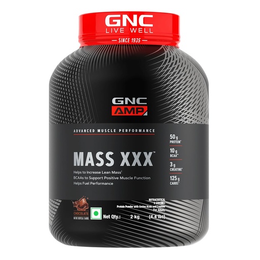 [BRSRM2YQDMPG2CYZ] GNC Amp Mass Xxx Gainer Powder|2 Kg|Boosts Lean Muscle Gains|Amps Up Workout Results|50G Protein|10G Bcaa|127.5 G Carbs|3G Creatine|Chocolate, 1 count, 9 servings