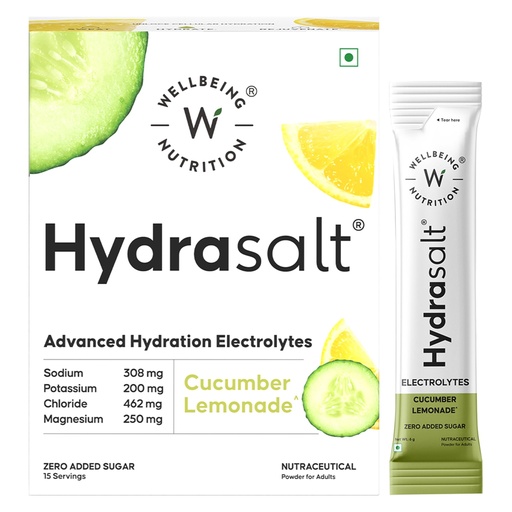 [BRSREYINAB5AMEQZ] WELLBEING NUTRITION HydraSalt Electrolyte Drink With Zero Added Sugar | 5 Electrolytes & 3 Vitamins For Instant Hydration,Energy,Performance & Recovery, Cucumber Lemonade Flavor 90G,Pack of 15,Powder