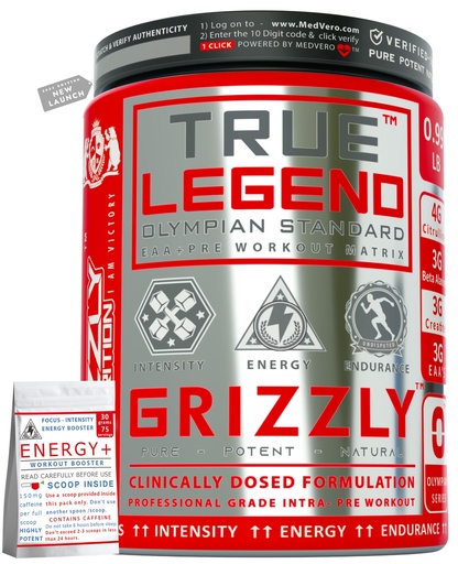 [BRSW22T7C4AQ4FDF] Grizzly Nutrition True Legend Olympian Grade Pre Workout Powder, Energy, Focus & Muscle Pump with L-Citrulline, Beta Alanine, Creatine, Caffeine, 450g+30g Energy Pack, Kiwi Crisp, Lab Researched