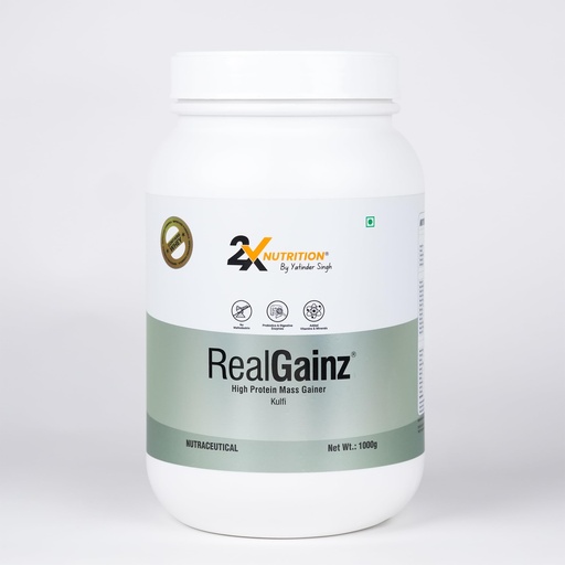 [BRSRAFIFBABGO3TD] REALGAINZ by 2X Nutrition | High-protein mass gainer | 78g Carbs per serving | High protein (26g) Natural weight gain | Build lean muscle mass | contains digestive enzymes (1Kg, Kulfi)