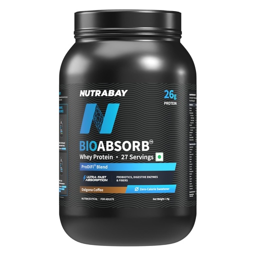 [BRSREEA3BEMRE3DL] Nutrabay BioAbsorb™ Whey | ProDiFi™ for Ultra-Fast Absorption | 26g Protein | Dalgona Coffee, 1kg | No Bloating | No Added Sugar | Fast Recovery | India's 1st Blend of Fiber, Probiotics & Enzymes