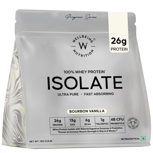 [BRSREYDQOABQO232] Wellbeing Nutrition Clean Whey Protein Isolate 1kg Bourbon Vanilla | 26g Protein, Clinically Proven Velositol for 2x Muscle Protein Synthesis, 4B CFU Probiotics, Digestive Enzymes, Bloat Free, Easy Digest