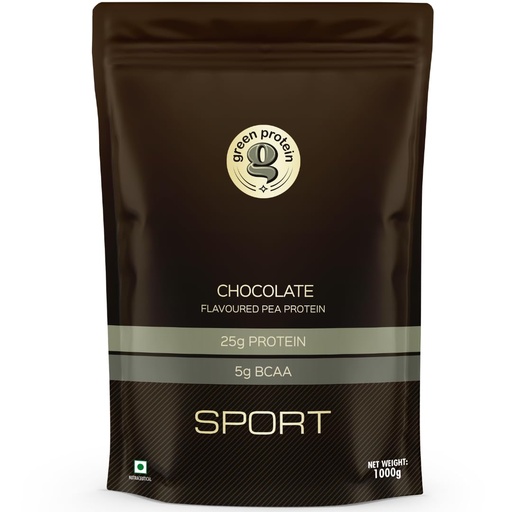 [BRSRAYAZPIFRM2T3] GREEN PROTEIN Sport Vegan Plant Protein Isolate Powder, 25gm Protein, 5g BCAA Per Serving, No Added Sugar | Soy Free, Dairy Free, Gluten Free, Allergen Free, Chocolate Flavor, 1kg